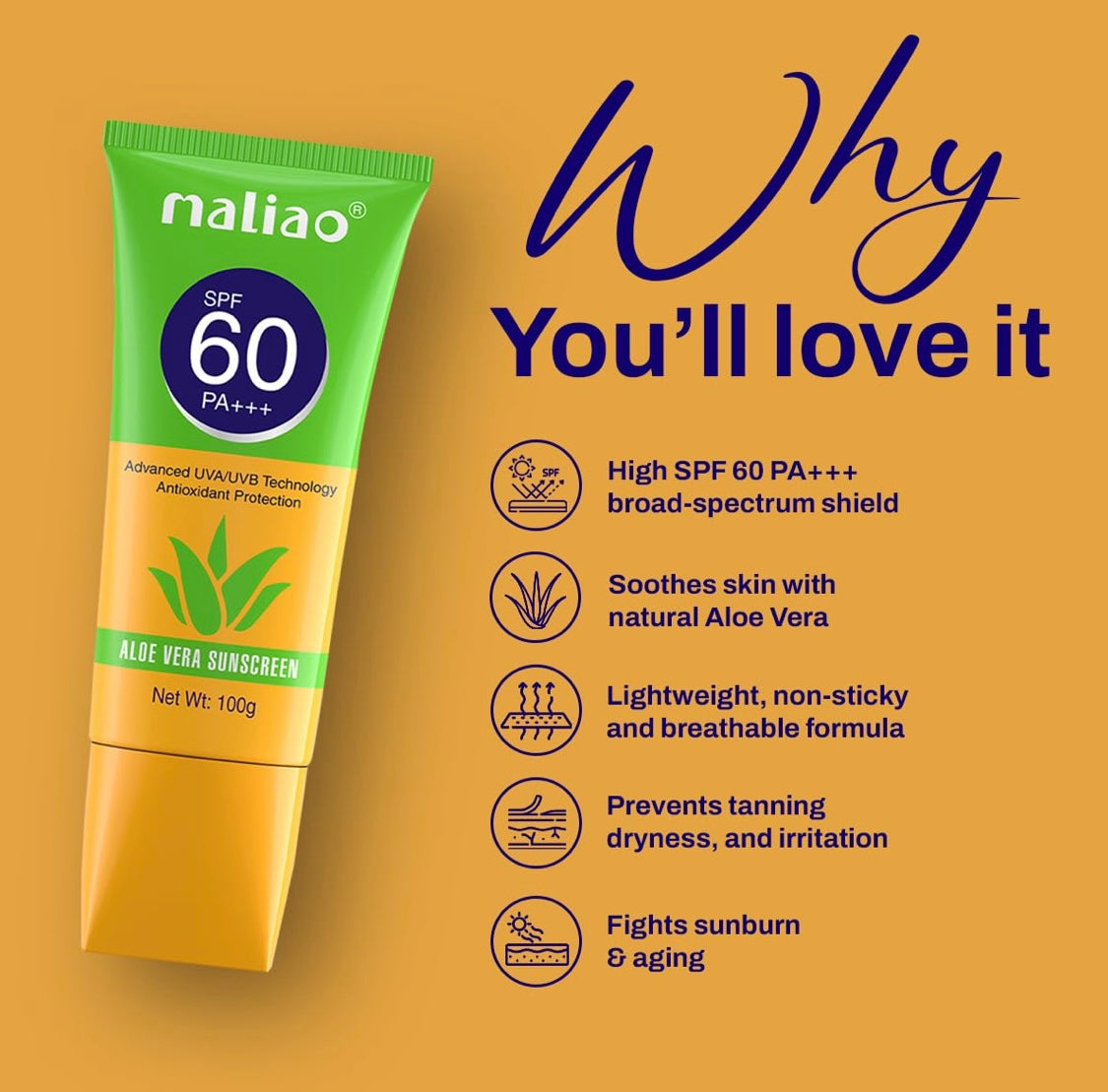 Maliao Aloe Vera Sunscreen SPF 60 PA+++ (100g)